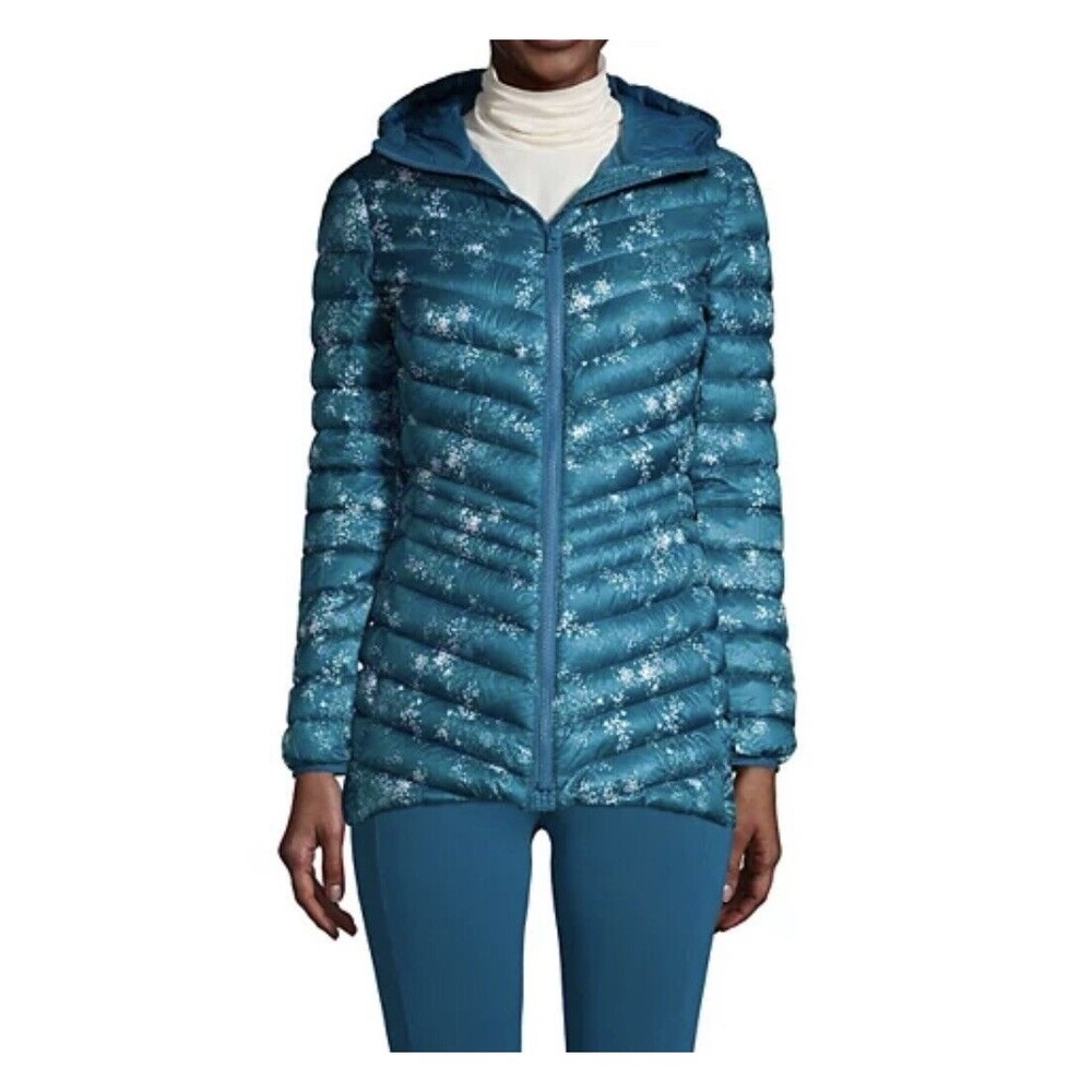 Land's End Teal Printed Down Filled Packable Quilted Puffer Coat Women's Small